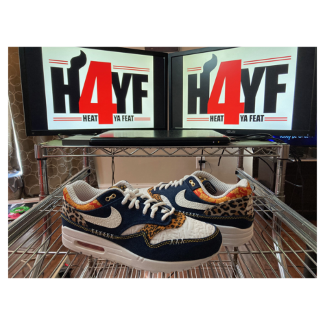 Nike Air Max 1 Premium “Denim Leopard” — Medium Blue/White-University Gold-Picante Red-Metallic Gold-Desert Ochre (FJ4452-432)