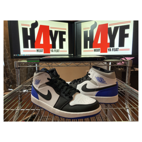 Air Jordan 1 Mid SE "Royal Black Toe" — White/Black-Light Solar Flare Heather-Hyper Royal (852542-102)
